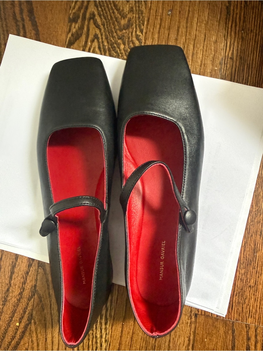 Mansur Gavriel Black Leather Mary Jane Flats with Red Insole Square Toe Sz 36 - Picture 6 of 8
